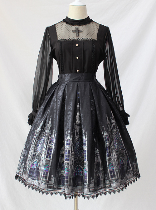 Simple And Elegant Dark Cross Lace Gothic Lolita Ruffle Standing Collar Shirt