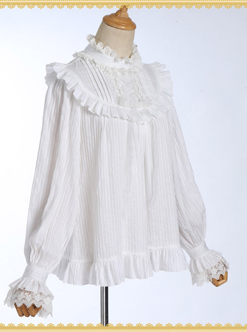 White Cotton Little High Collar Classic Lolita Long Sleeve Shirt