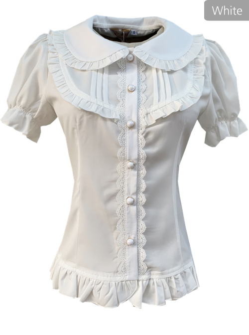 Elegant Doll Collar Ruffle Classic Lolita White Or Apricot Short Sleeve Shirt