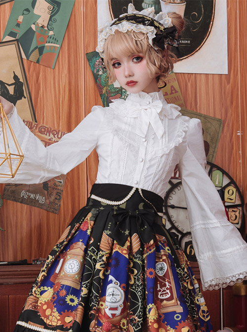 White Or Black High Collar Ruffle Classic Lolita Long Sleeve Shirt