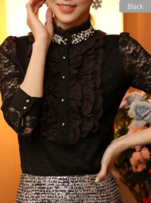 Pearl Small High Collar Lace Lolita Long Sleeve Shirt