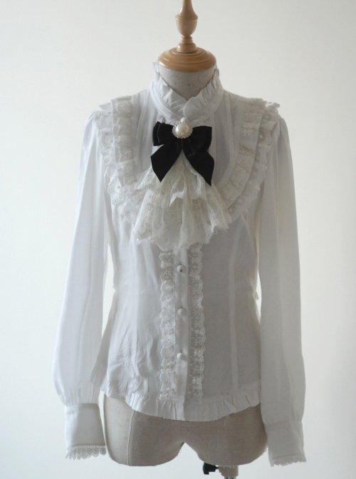 Lace Ruffle White Lolita Long Sleeve Shirt And Retro Lace Black Silk Bowknot-tie Brooch