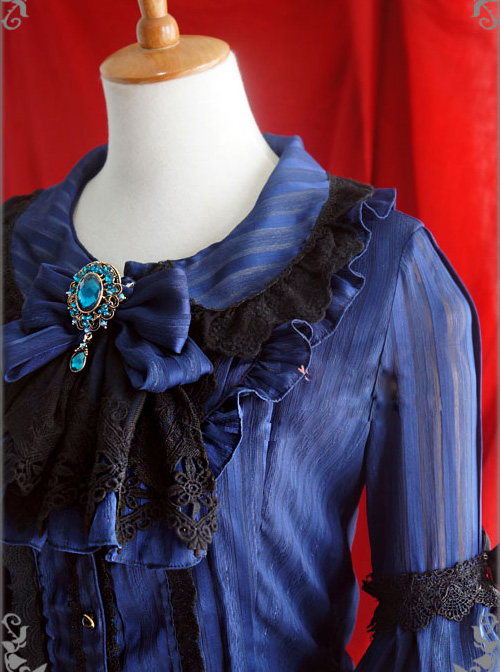 White Or Blue Chiffon Lace Doll Collar Bowknot Classic Lolita Trumpet Sleeve Shirt