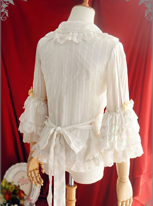 White Or Blue Chiffon Lace Doll Collar Bowknot Classic Lolita Trumpet Sleeve Shirt