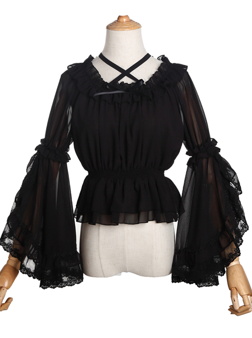 Pure Color Chiffon Lace Classic Lolita Trumpet Sleeve Shirt