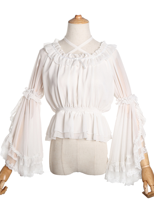 Pure Color Chiffon Lace Classic Lolita Trumpet Sleeve Shirt