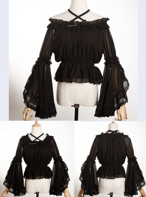 Pure Color Chiffon Lace Classic Lolita Trumpet Sleeve Shirt