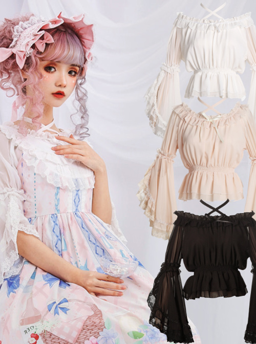 Pure Color Chiffon Lace Classic Lolita Trumpet Sleeve Shirt