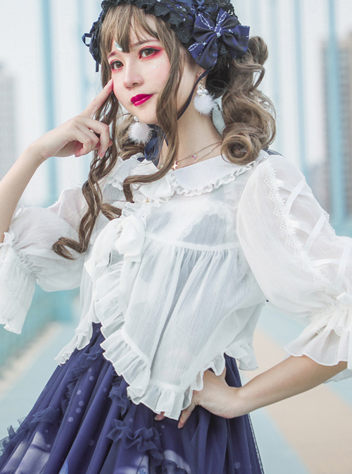 White Chiffon Doll Collar Classic Lolita Seven-quarter Sleeve Anti-sunburn Shirt