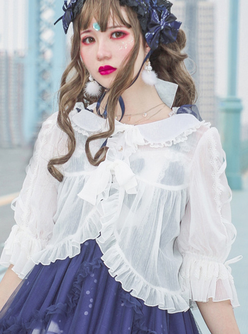 White Chiffon Doll Collar Classic Lolita Seven-quarter Sleeve Anti-sunburn Shirt