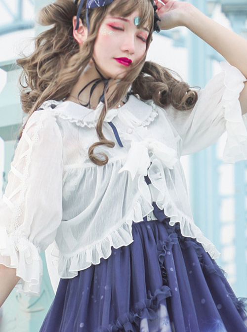 White Chiffon Doll Collar Classic Lolita Seven-quarter Sleeve Anti-sunburn Shirt