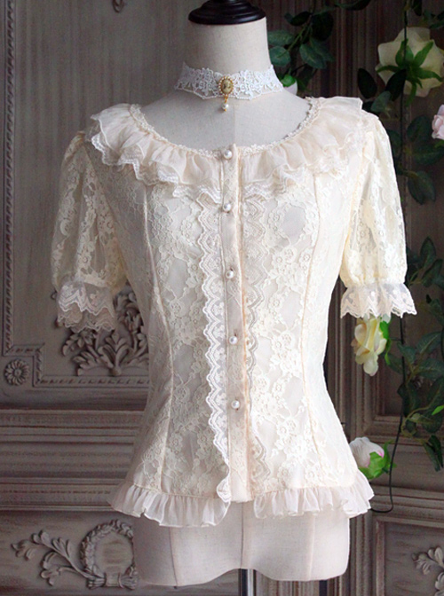 The Poetry Of Roses Series Elegant Lace Daily Short Sleeve Trumpet Sleeves Two Wearing Ways Classic Lolita Shirt