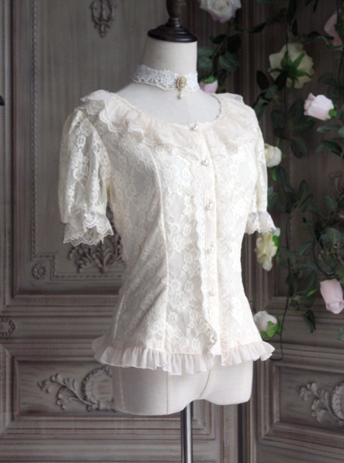 The Poetry Of Roses Series Elegant Lace Daily Short Sleeve Trumpet Sleeves Two Wearing Ways Classic Lolita Shirt