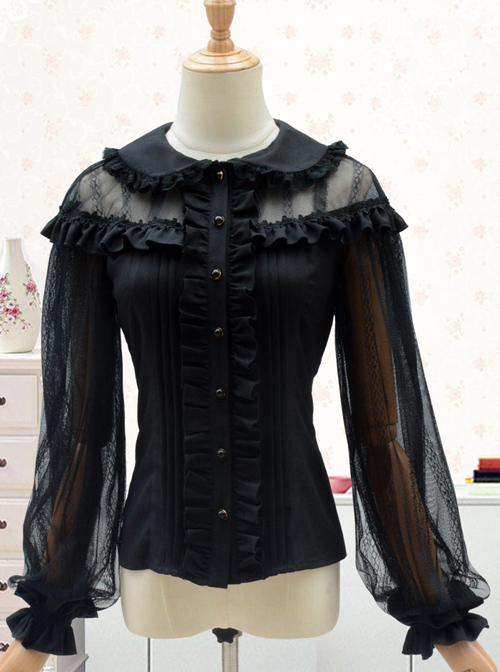 Doll Collar Lace Chiffon Long Sleeve Blouses Classic Lolita Lantern Sleeve Shirt