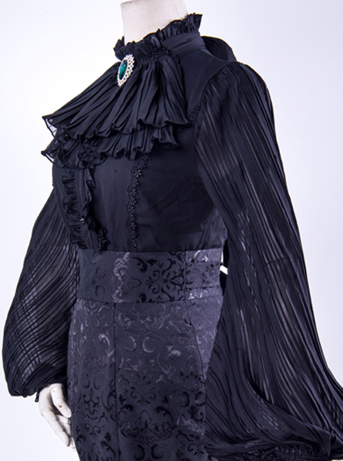 Lorelei Series Stand-up Collar Chiffon Gothic Lolita Ruched Long Sleeve Shirt