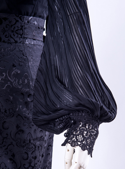 Lorelei Series Stand-up Collar Chiffon Gothic Lolita Ruched Long Sleeve Shirt