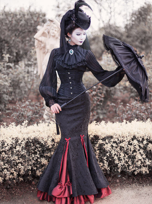 Lorelei Series Stand-up Collar Chiffon Gothic Lolita Ruched Long Sleeve Shirt