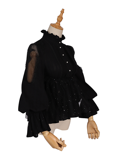 Divine Salvation Series Retro High Collar Gothic Lolita Black Long Sleeve Shirt