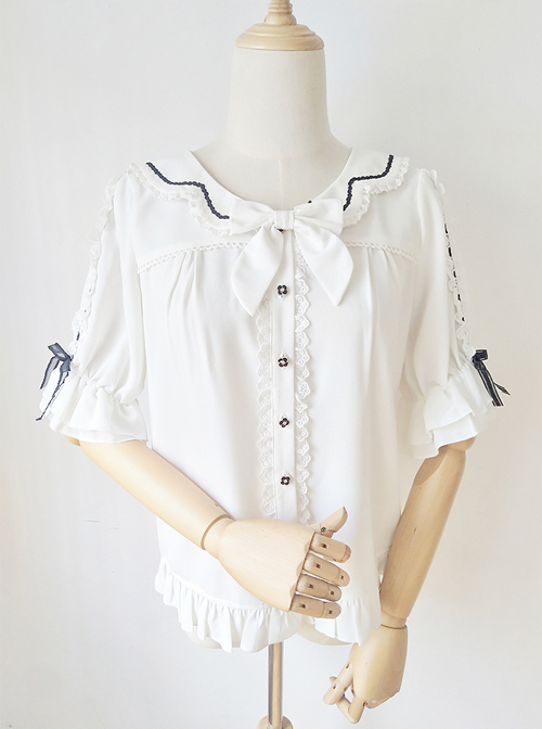 Ribbon Bowknot Ruffle Chiffon Short Sleeve Shirt Sweet Lolita Blouse