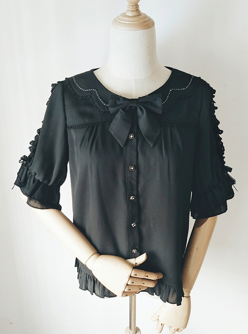 Ribbon Bowknot Ruffle Chiffon Short Sleeve Shirt Sweet Lolita Blouse