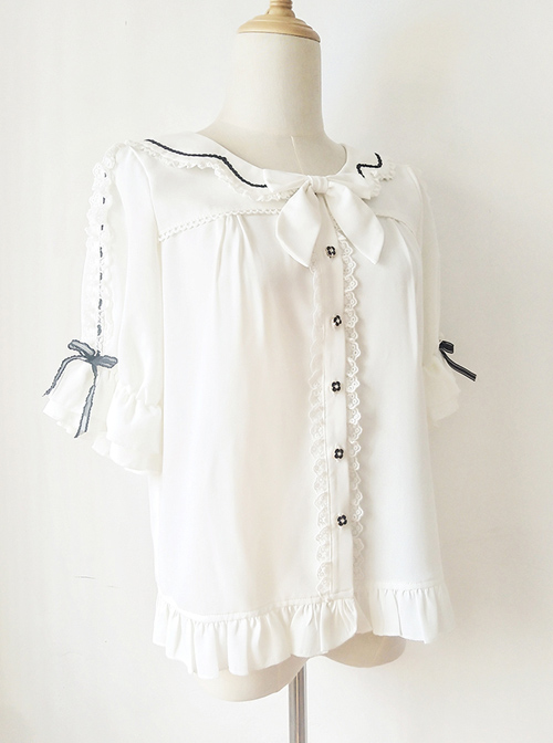 Ribbon Bowknot Ruffle Chiffon Short Sleeve Shirt Sweet Lolita Blouse