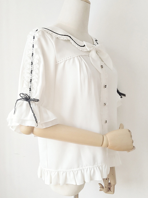 Ribbon Bowknot Ruffle Chiffon Short Sleeve Shirt Sweet Lolita Blouse