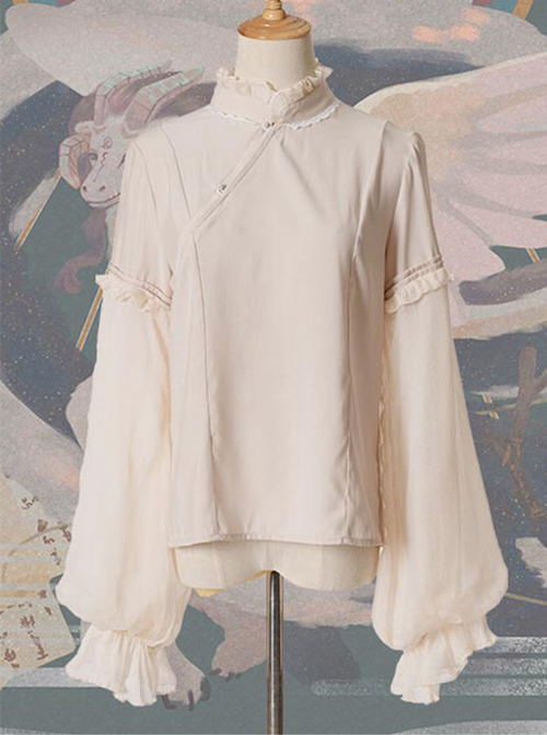 Chinese Style Beige Stand Collar Classic Lolita Long Sleeve Shirt