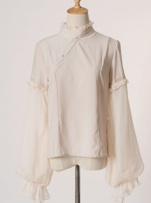 Chinese Style Beige Stand Collar Classic Lolita Long Sleeve Shirt