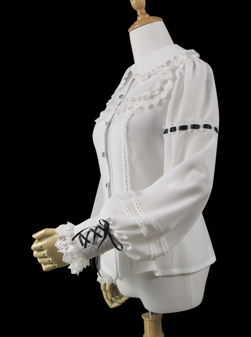 Round Neck Lantern Sleeve Long Sleeve Classic Lolita Lace Chiffon Shirt
