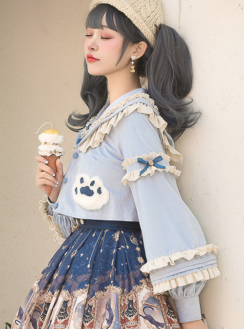 Explore The Stars Series Ruffle Blue Sweet Lolita Long Sleeve Cute Short Shirt
