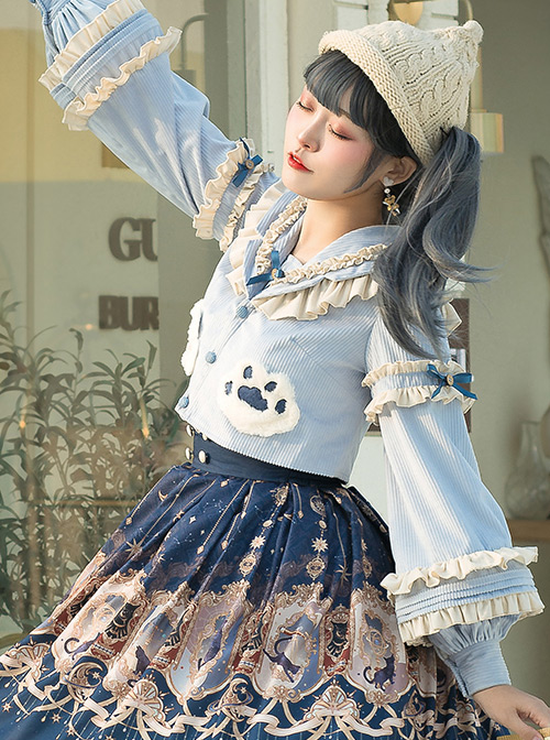 Explore The Stars Series Ruffle Blue Sweet Lolita Long Sleeve Cute Short Shirt