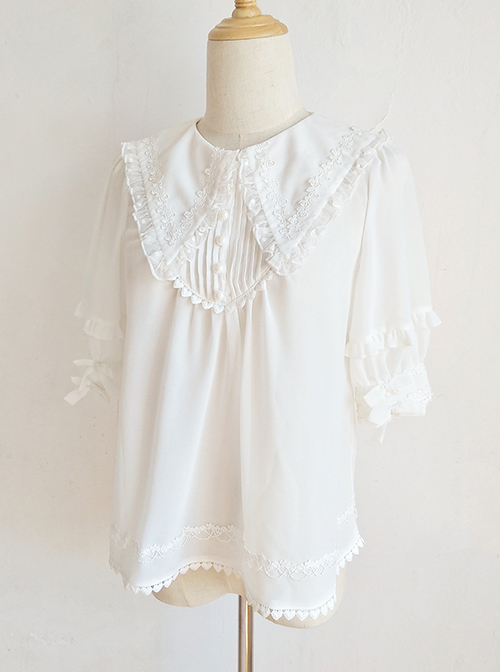 Pointed Collar White Chiffon Sweet Lolita Puff Sleeve Short Sleeve Shirt