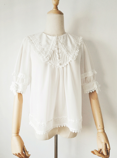 Pointed Collar White Chiffon Sweet Lolita Puff Sleeve Short Sleeve Shirt