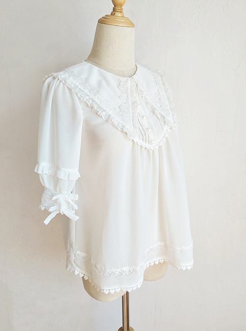Pointed Collar White Chiffon Sweet Lolita Puff Sleeve Short Sleeve Shirt