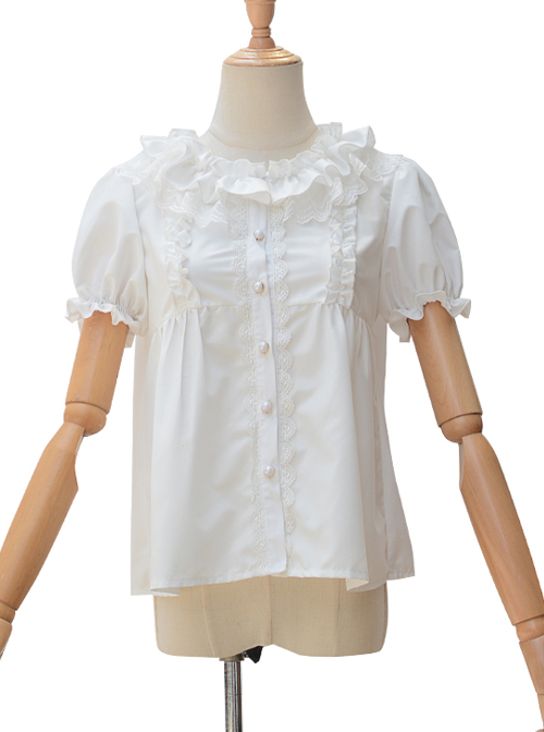 Fog Island Listening Wind Series Sweet Lolita White Cotton Short Sleeve Shirt