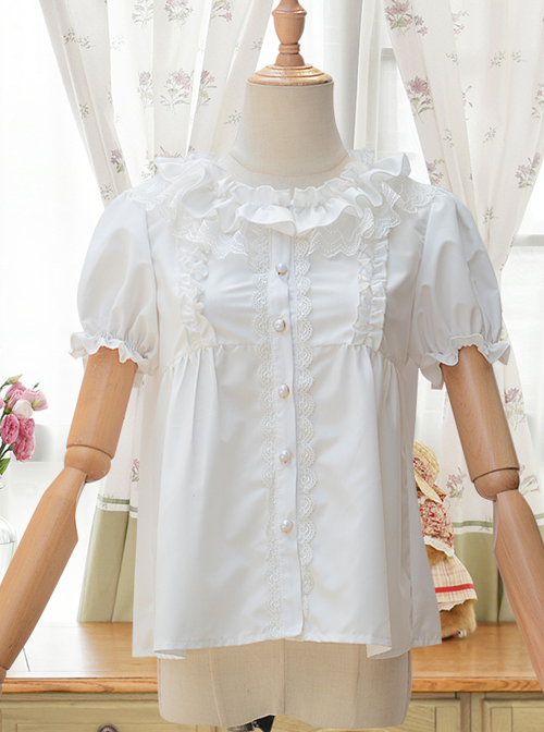 Fog Island Listening Wind Series Sweet Lolita White Cotton Short Sleeve Shirt