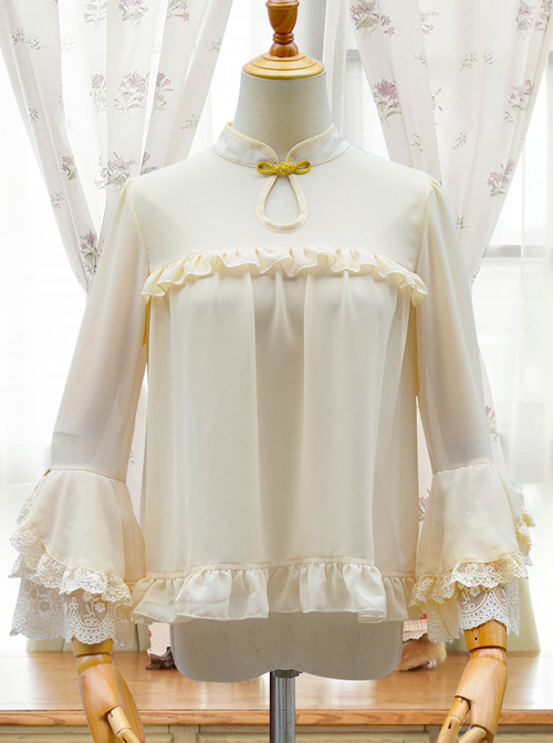 Apricot Chiffon Ruffle Chinese Style Small Stand Collar Classic Lolita Shirt