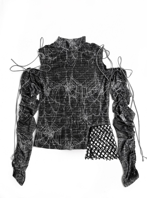 Gothic Cobweb Printing High Collar Drawstring Splicing Long Sleeve Shirt