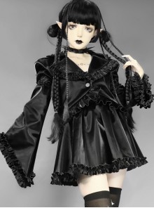 Mechanical Breakdown Series Black Gothic PU Ruffle Short Suit Jacket