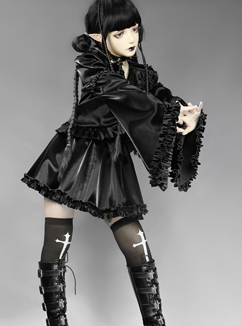 Mechanical Breakdown Series Black Gothic PU Ruffle Short Suit Jacket