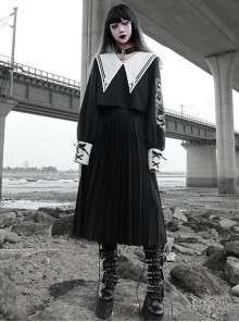 Kill The Nun Series Pointed Collar Embroidery Gothic Shirt And Skirt Set