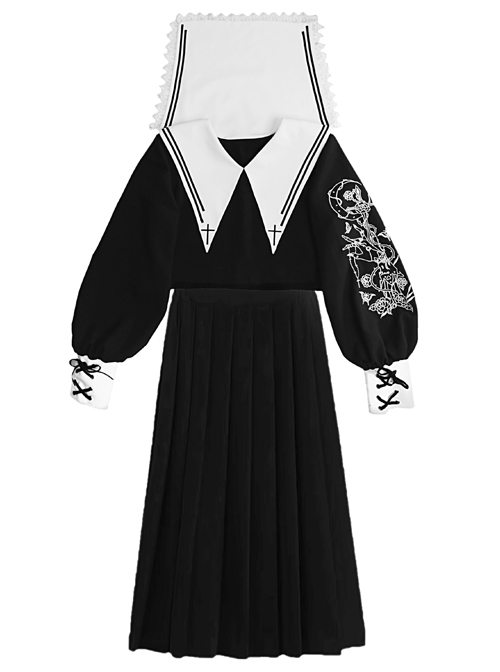 Kill The Nun Series Pointed Collar Embroidery Gothic Shirt And Skirt Set