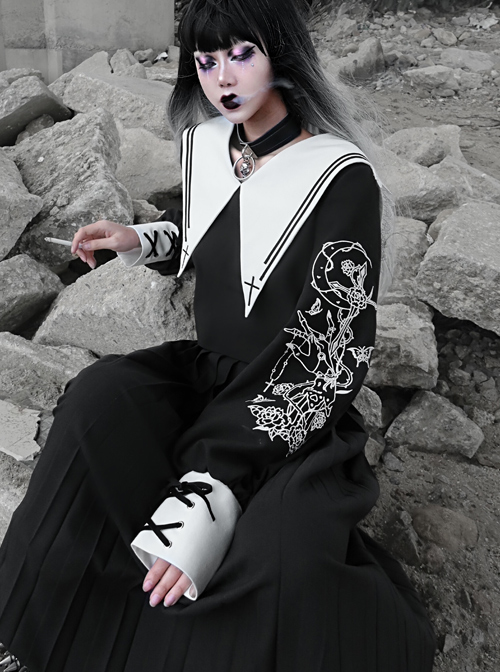 Kill The Nun Series Pointed Collar Embroidery Gothic Shirt And Skirt Set