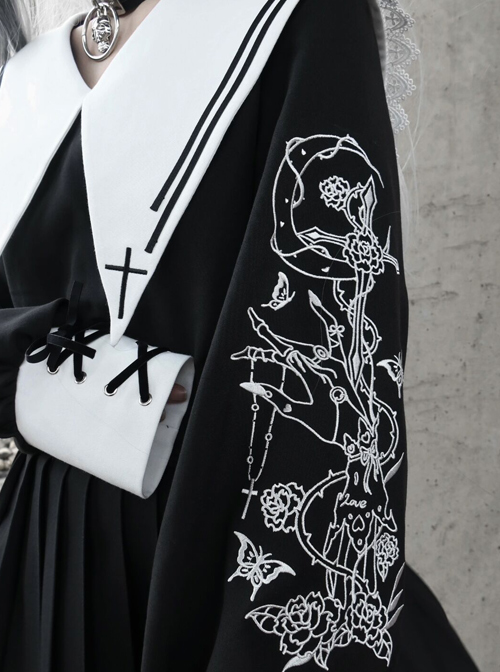 Kill The Nun Series Pointed Collar Embroidery Gothic Shirt And Skirt Set