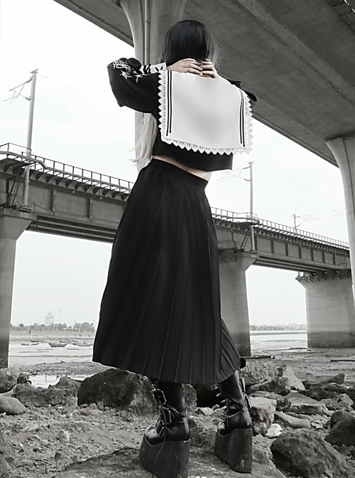 Kill The Nun Series Pointed Collar Embroidery Gothic Shirt And Skirt Set