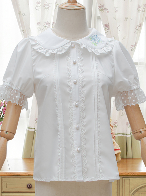 Evening Star Series White Cotton Embroidery Doll Collar Sweet Lolita Short Sleeve Shirt