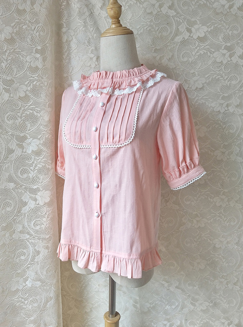 Cotton Ruffle Collar Pure Color Classic Lolita Easy Matching Short Sleeve Shirt