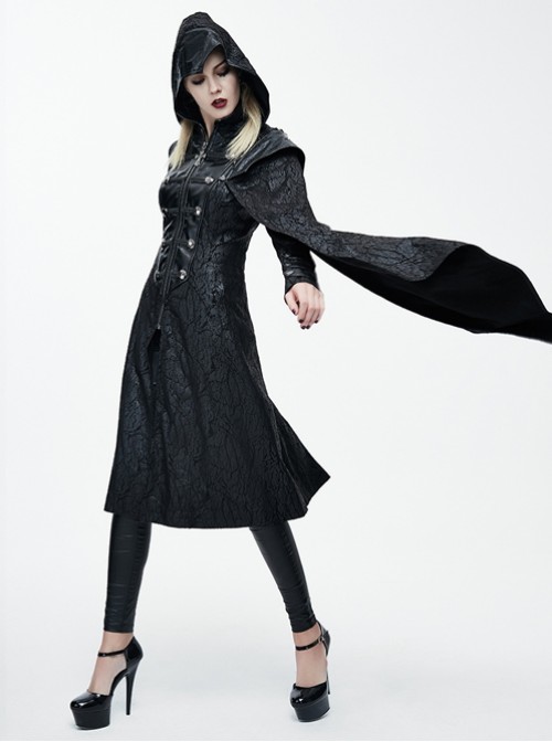 Steam Punk Gothic Palace Style Black Stand Collar Medium Length Hooded Coat For Women