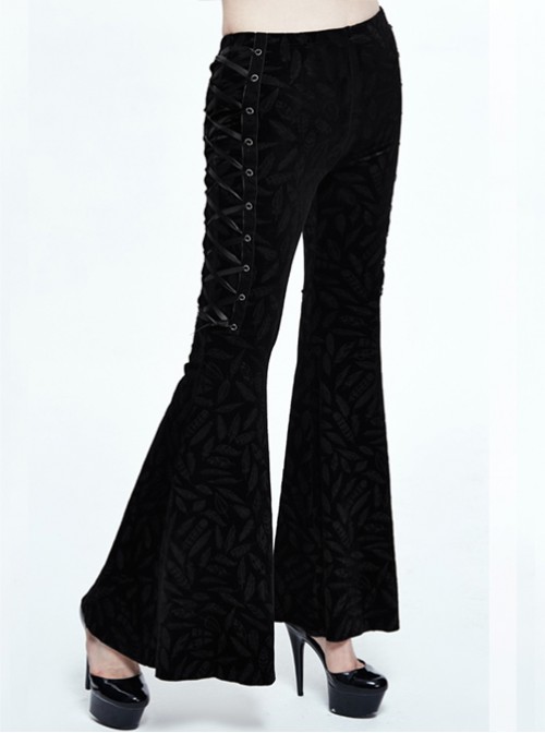 Steam Punk Gothic Ribbons Retro Dark Feather Pattern Flare Trousers For Women