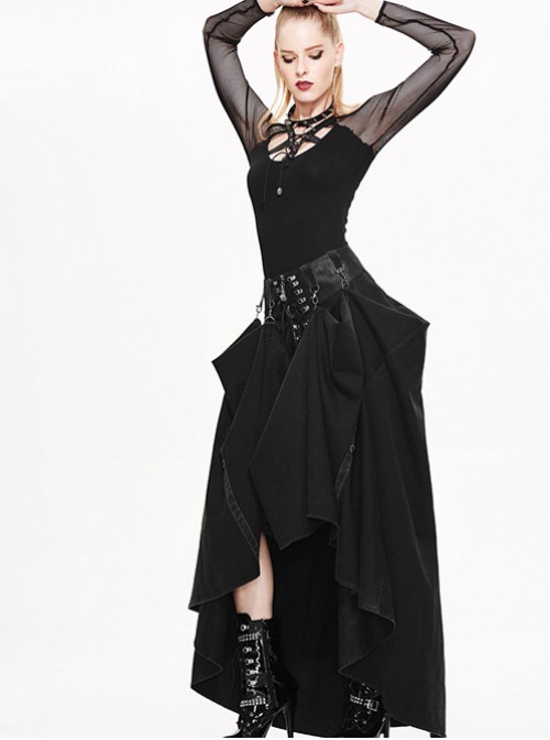 Steam Punk Gothic Black High Waist Binding Band A-line Skirt